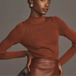 Anthropologie Brown Corset Mock Neck Stretch Fitted Knit Ribbed Sweater SZ Small